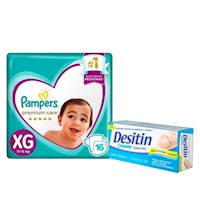 Pañales Pampers Premium Care XG 16 + Crema Desitin 57 gr